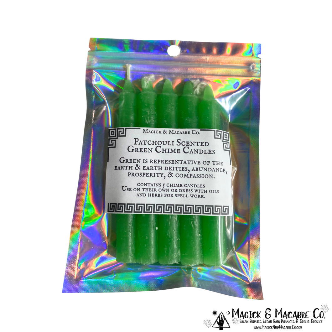 Patchouli Scented Green Chime Candles (Set of 5): Prosperity, Luck, Earth Magick