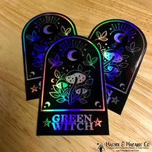 Load image into Gallery viewer, Green Witch Stained Glass Holographic Sticker
